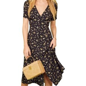 REFORMATION Locklin Midi Dress in Venezia Black Floral Crepe Short Sleeve XS 0